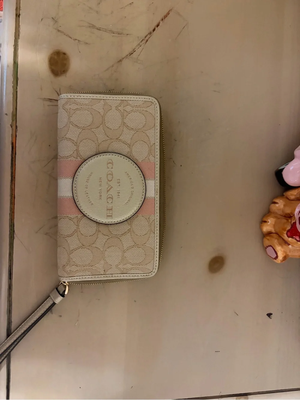 Coach Beige Signature Zip Wallet with Pink Stripe